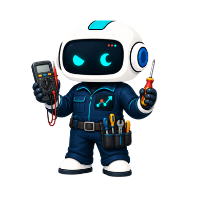 Geo, the This Is GEO robot, dressed for appliance repair with a multimeter and screwdriver