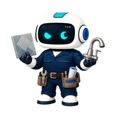 Geo, the This Is GEO robot, dressed as a bathroom remodeler with plans, tile, and a faucet fixture