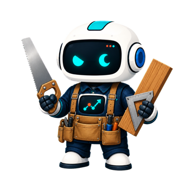 Geo, the This Is GEO robot, dressed as a carpenter with a saw, measuring square, and wood plank