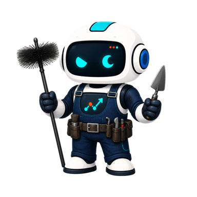 Geo, the This Is GEO robot, dressed for chimney and fireplace work with a chimney brush and fireplace trowel