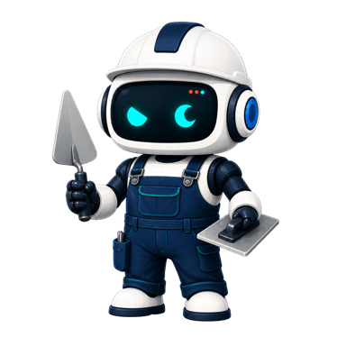 Geo, the This Is GEO robot, dressed as a concrete contractor with a finishing trowel and float