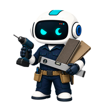 Geo, the This Is GEO robot, dressed as a deck and patio builder with a level, drill, and deck board