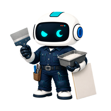 Geo, the This Is GEO robot, dressed as a drywall contractor with a trowel and joint-compound pan