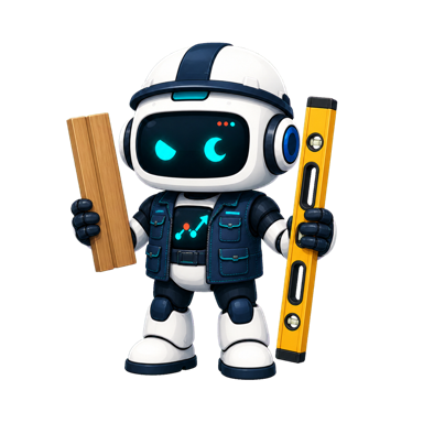 Geo, the This Is GEO robot, dressed as a fence contractor with a fence board and post level