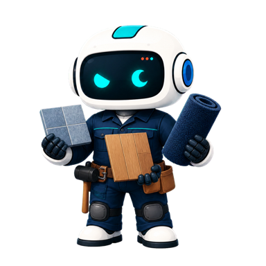 Geo, the This Is GEO robot, dressed as a flooring contractor with tile, hardwood, and carpet samples