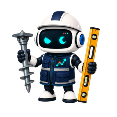 Geo, the This Is GEO robot, dressed as a foundation repair contractor with a structural pier component and level