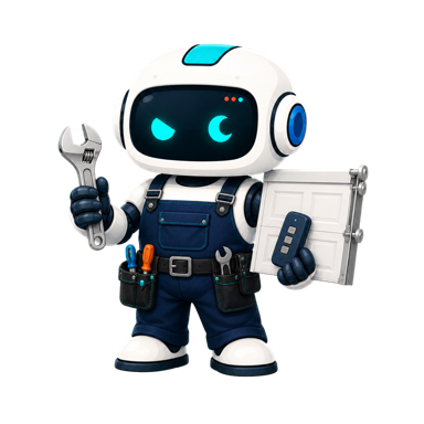 Geo, the This Is GEO robot, dressed for garage door service with a wrench, remote, and door panel sample