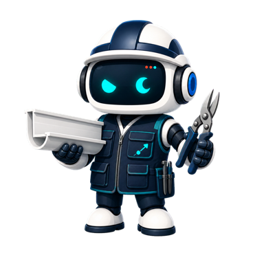 Geo, the This Is GEO robot, dressed for gutter work with a gutter section and metal snips