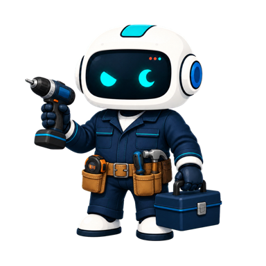 Geo, the This Is GEO robot, dressed as a handyman with a drill, toolbox, and tool belt