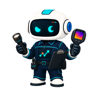 Geo, the This Is GEO robot, dressed as a home inspector with a flashlight, tablet, and thermal camera