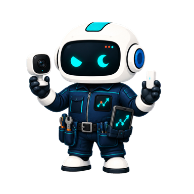 Geo, the This Is GEO robot, dressed as a home security installer with a camera, sensor, and tablet