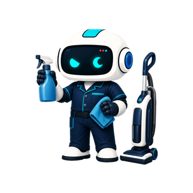 Geo, the This Is GEO robot, dressed for house cleaning with a spray bottle, cloth, and compact vacuum