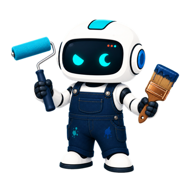 Geo, the This Is GEO robot, dressed as a house painter with a paint roller and brush