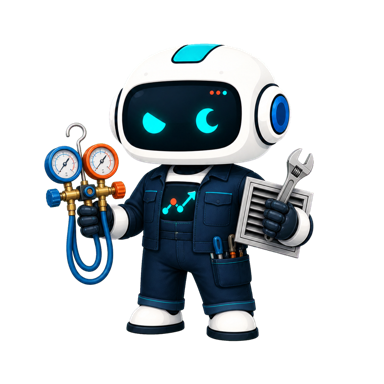 Geo, the This Is GEO robot, dressed as an HVAC contractor with diagnostic gauges and a vent component