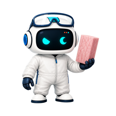 Geo, the This Is GEO robot, dressed as an insulation contractor with protective gear and insulation material
