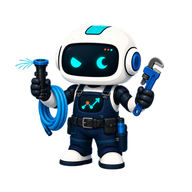 Geo, the This Is GEO robot, dressed for irrigation work with a sprinkler head, tubing, and pipe wrench