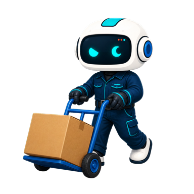 Geo, the This Is GEO robot, dressed for junk removal with a dolly and moving box