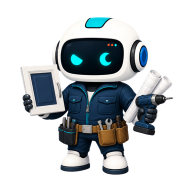 Geo, the This Is GEO robot, dressed as a kitchen remodeler with plans, a drill, and cabinet sample