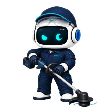 Geo, the This Is GEO robot, dressed for lawn care with professional trimming equipment