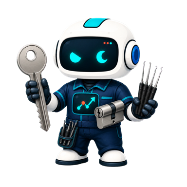 Geo, the This Is GEO robot, dressed as a locksmith with a key, lock cylinder, and precision tools