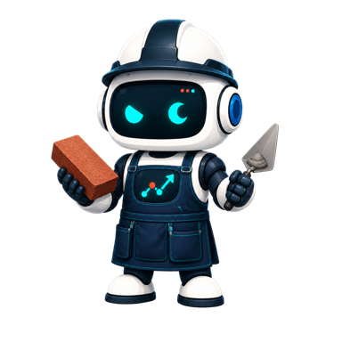 Geo, the This Is GEO robot, dressed as a masonry contractor with a brick and mortar trowel