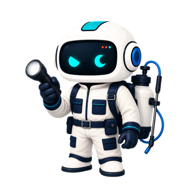Geo, the This Is GEO robot, dressed as a pest control professional with a sprayer and inspection light
