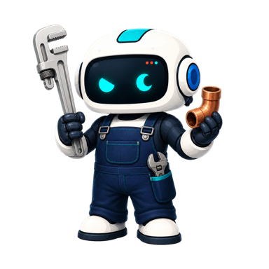 Geo, the This Is GEO robot, dressed as a plumber with a pipe wrench and copper pipe