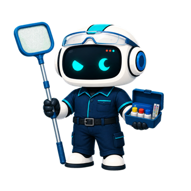 Geo, the This Is GEO robot, dressed for pool service with a skimmer and water-testing kit