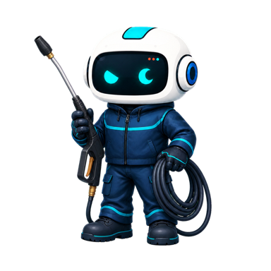 Geo, the This Is GEO robot, dressed for pressure washing with a professional wand and hose