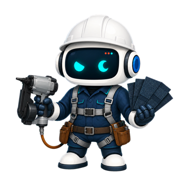 Geo, the This Is GEO robot, dressed as a roofer with a roofing nailer and shingle sample