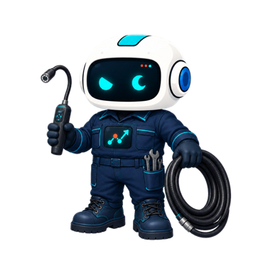 Geo, the This Is GEO robot, dressed for septic service with an inspection probe and pump hose