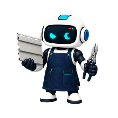 Geo, the This Is GEO robot, dressed as a siding contractor with a siding panel and snips