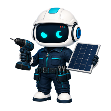 Geo, the This Is GEO robot, dressed as a solar installer with a solar panel sample and drill