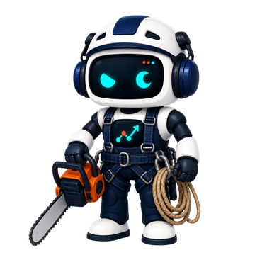 Geo, the This Is GEO robot, dressed as an arborist with safety gear, a rope, and chainsaw
