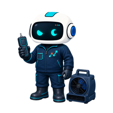 Geo, the This Is GEO robot, dressed for water damage restoration with a moisture meter and air mover