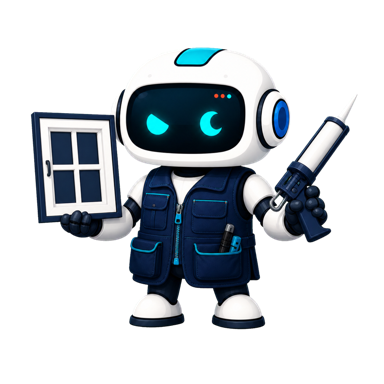 Geo, the This Is GEO robot, dressed as a window and door installer with a frame sample and caulk gun
