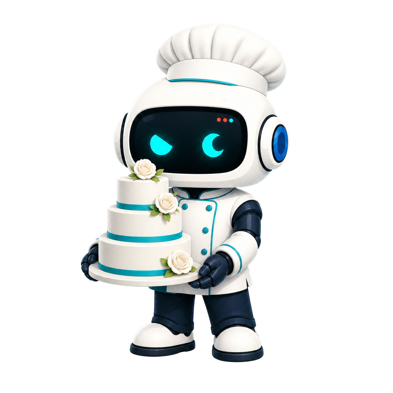 Geo, the This Is GEO robot, dressed as a pastry chef and holding a tiered wedding cake