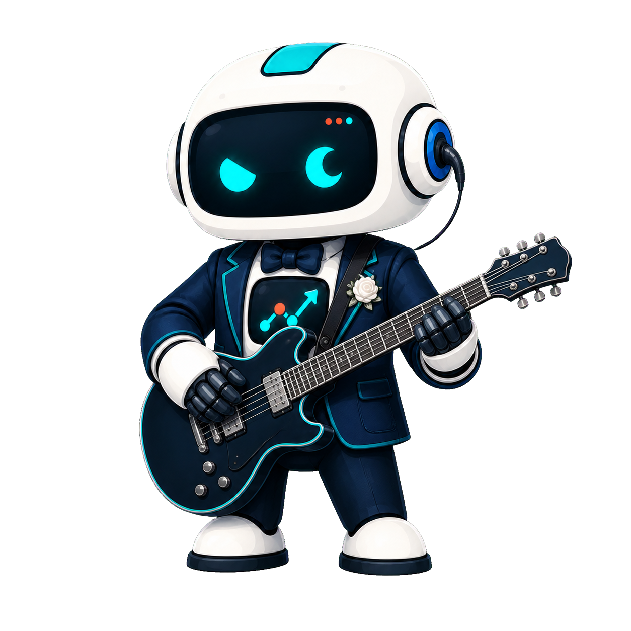 Geo, the This Is GEO robot, performing as a wedding band musician with an electric guitar