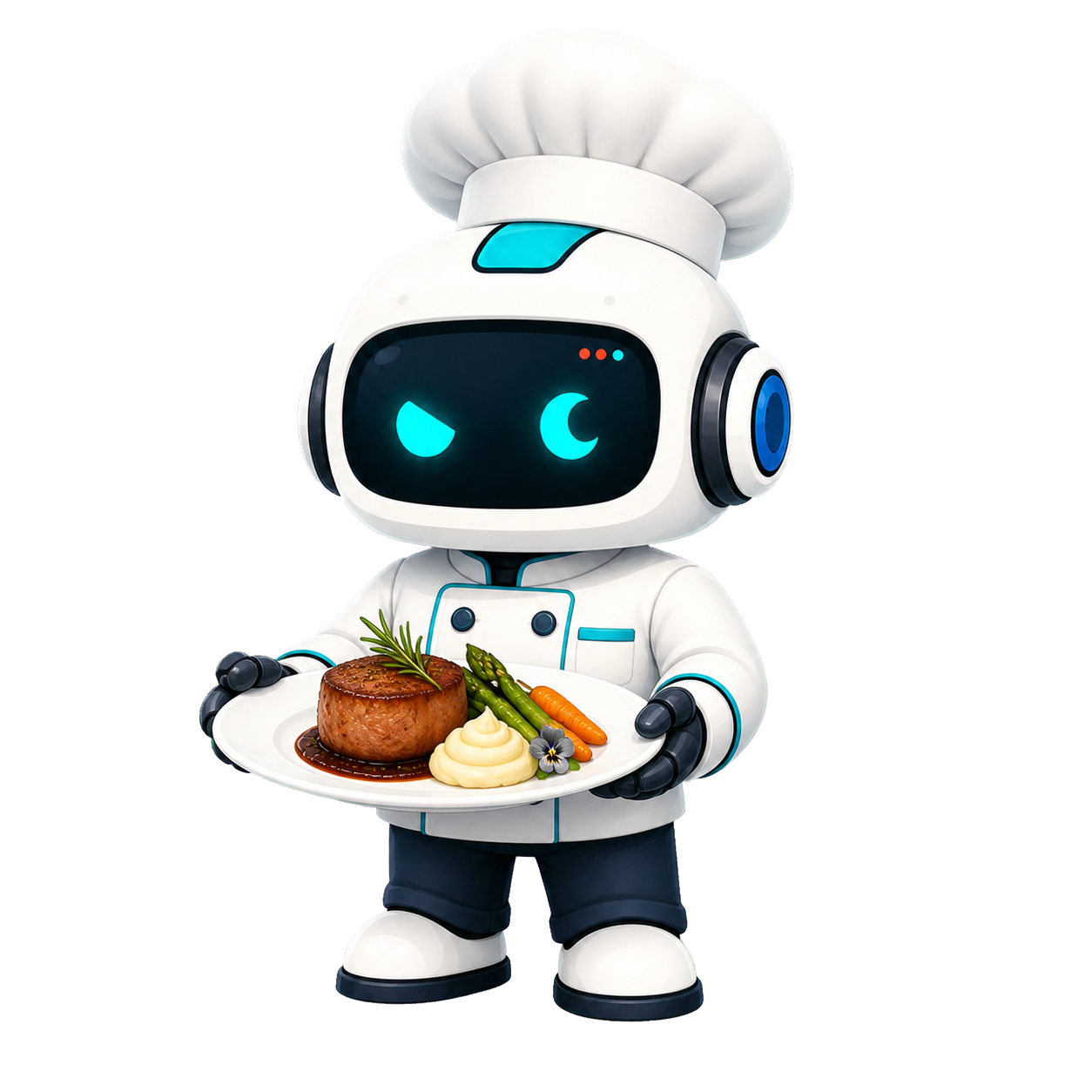 Geo, the This Is GEO robot, dressed as a wedding caterer and carrying an elegant plated entree