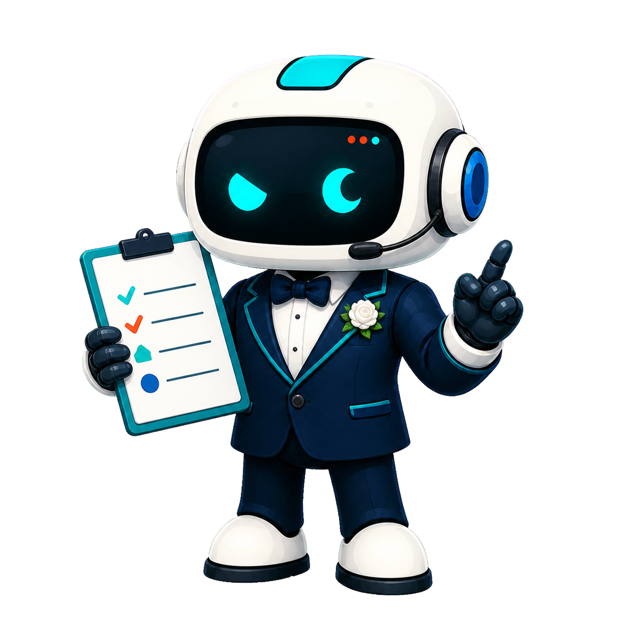 Geo, the This Is GEO robot, working as a wedding coordinator with a clipboard and headset