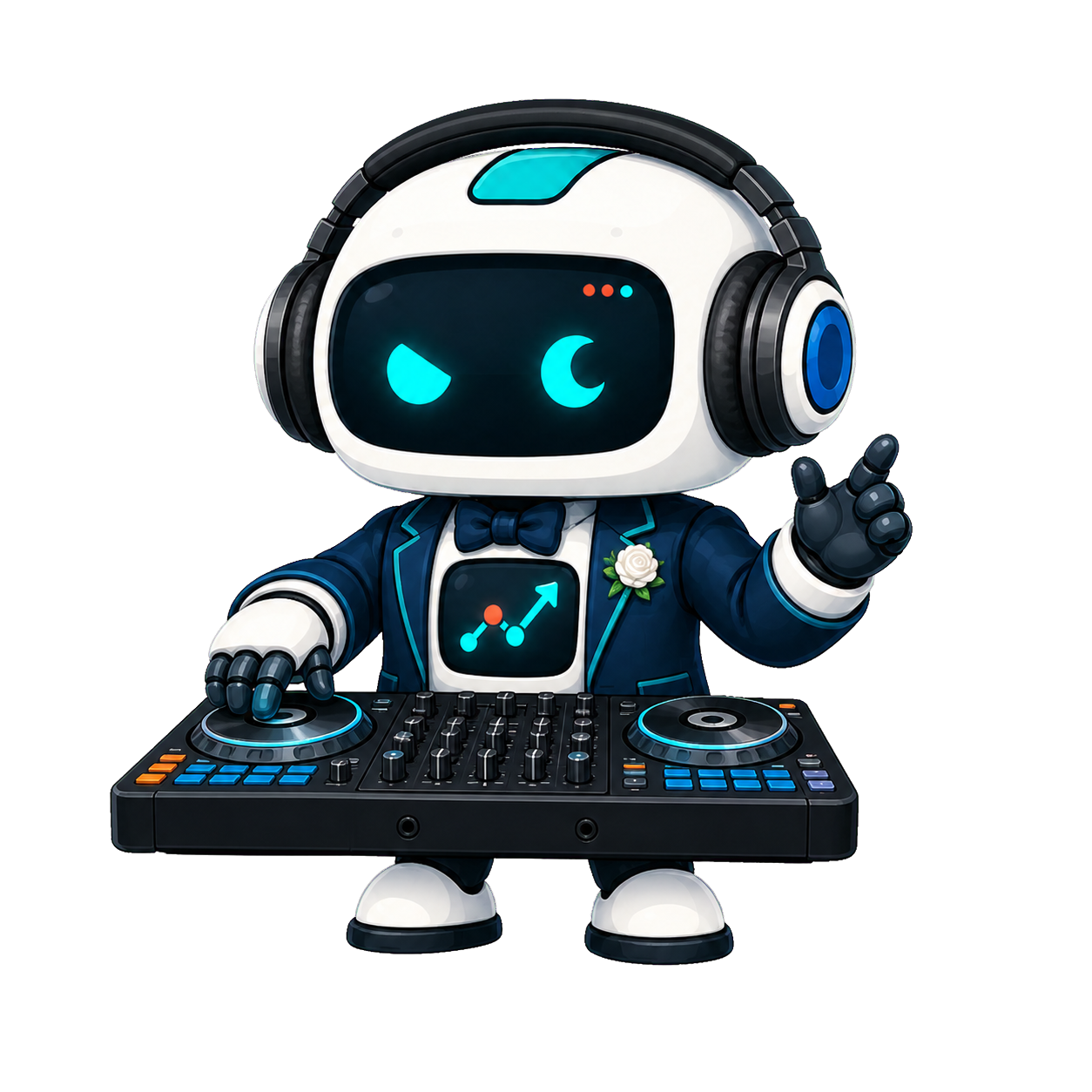 Geo, the This Is GEO robot, wearing headphones and performing with a DJ controller