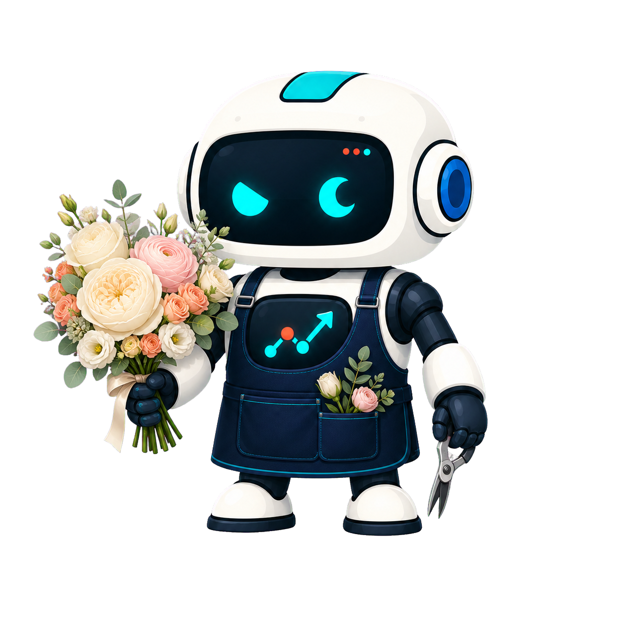 Geo, the This Is GEO robot, wearing a florist apron and holding a wedding bouquet