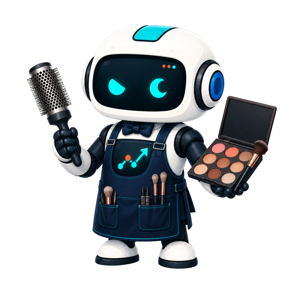 Geo, the This Is GEO robot, working as a wedding hair and makeup artist with a styling brush and makeup palette