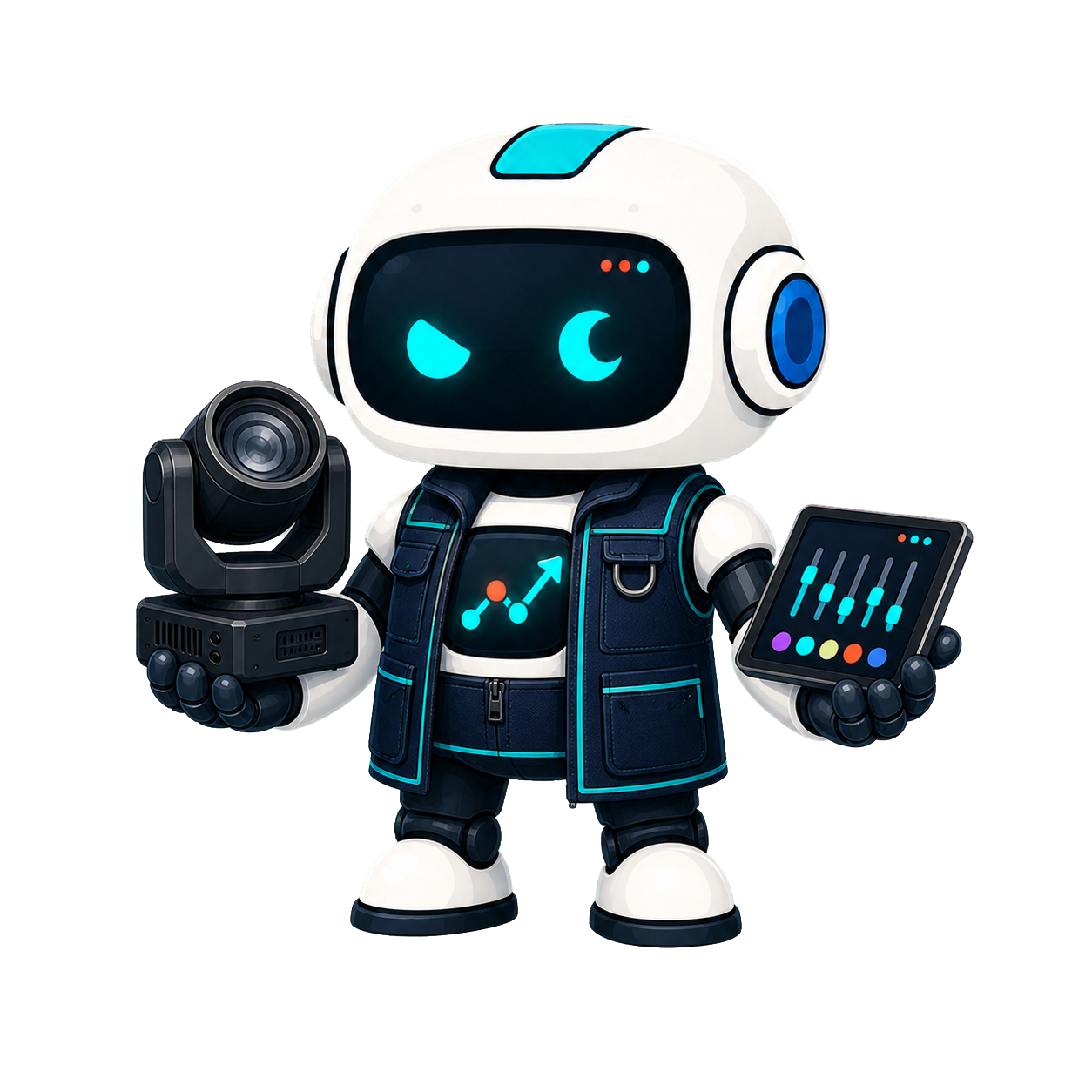 Geo, the This Is GEO robot, working as a wedding lighting specialist with a stage light and control tablet