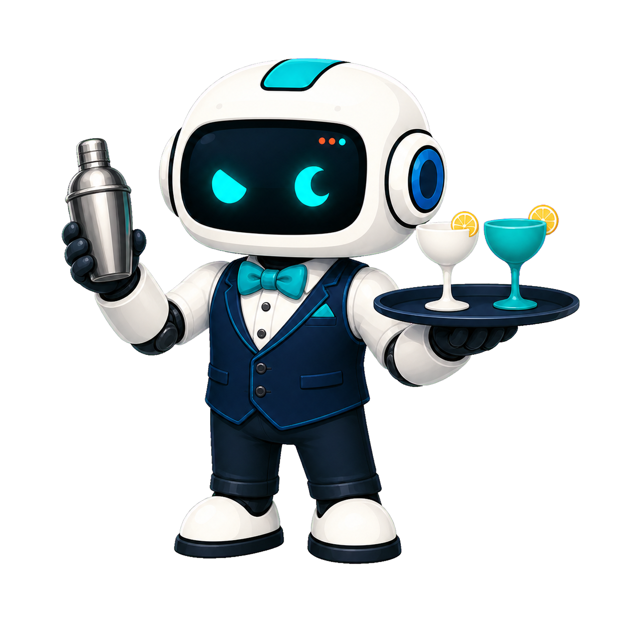 Geo, the This Is GEO robot, working as a mobile wedding bartender with a shaker and drink tray