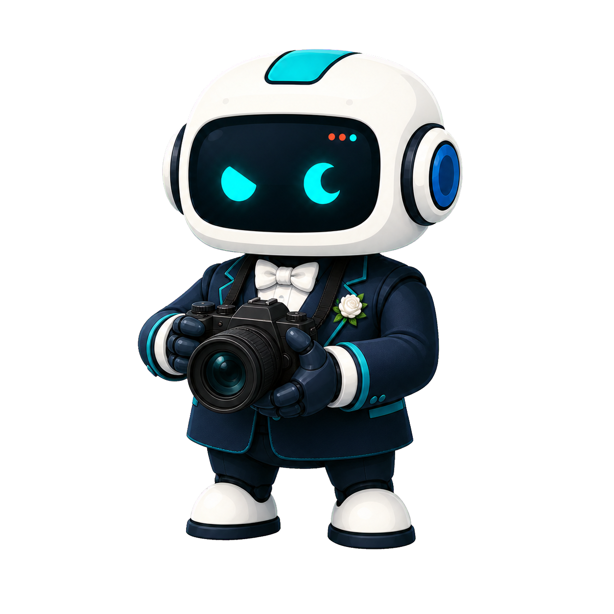 Geo, the This Is GEO robot, working as a wedding photographer with a professional camera
