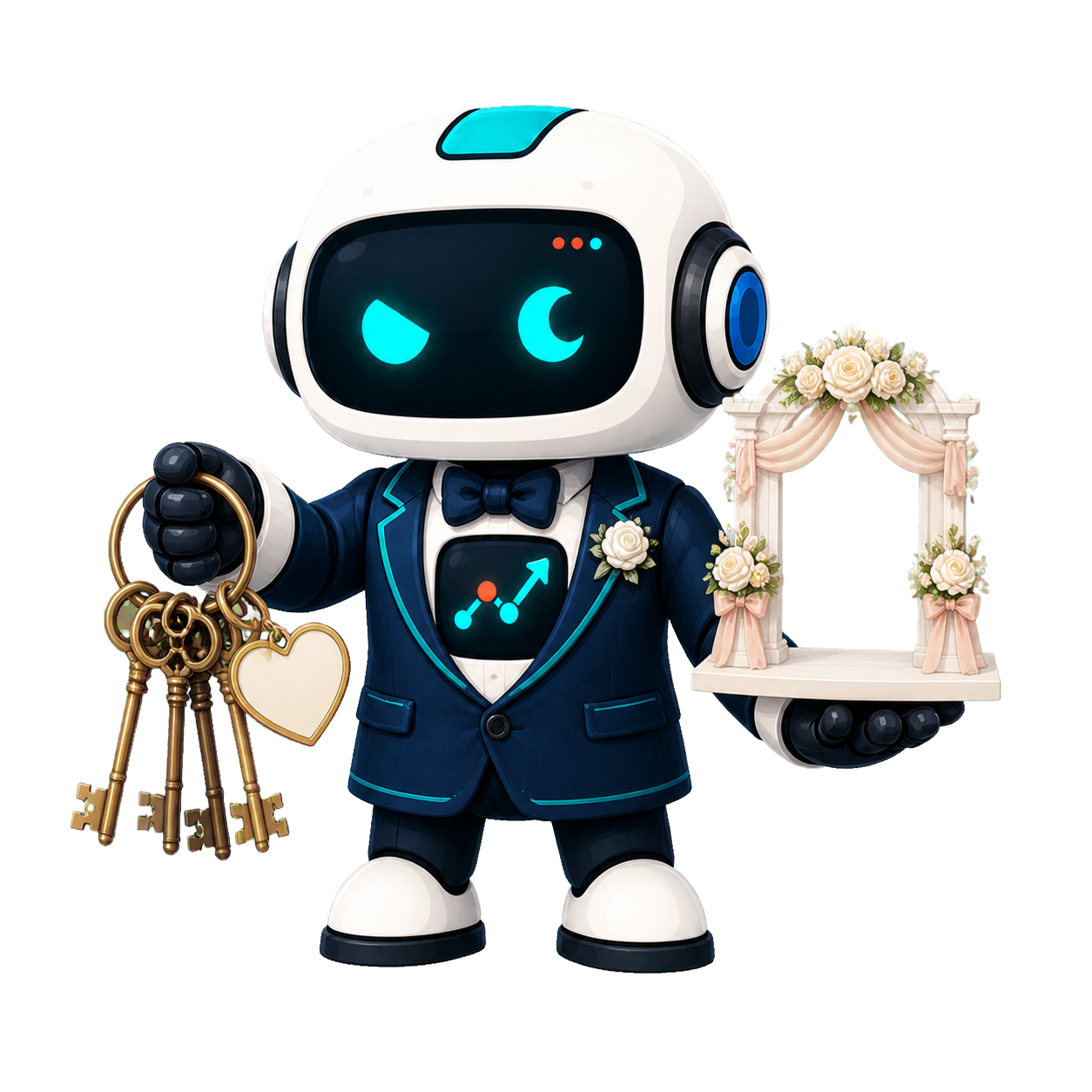 Geo, the This Is GEO robot, hosting a wedding venue with venue keys and a miniature ceremony arch