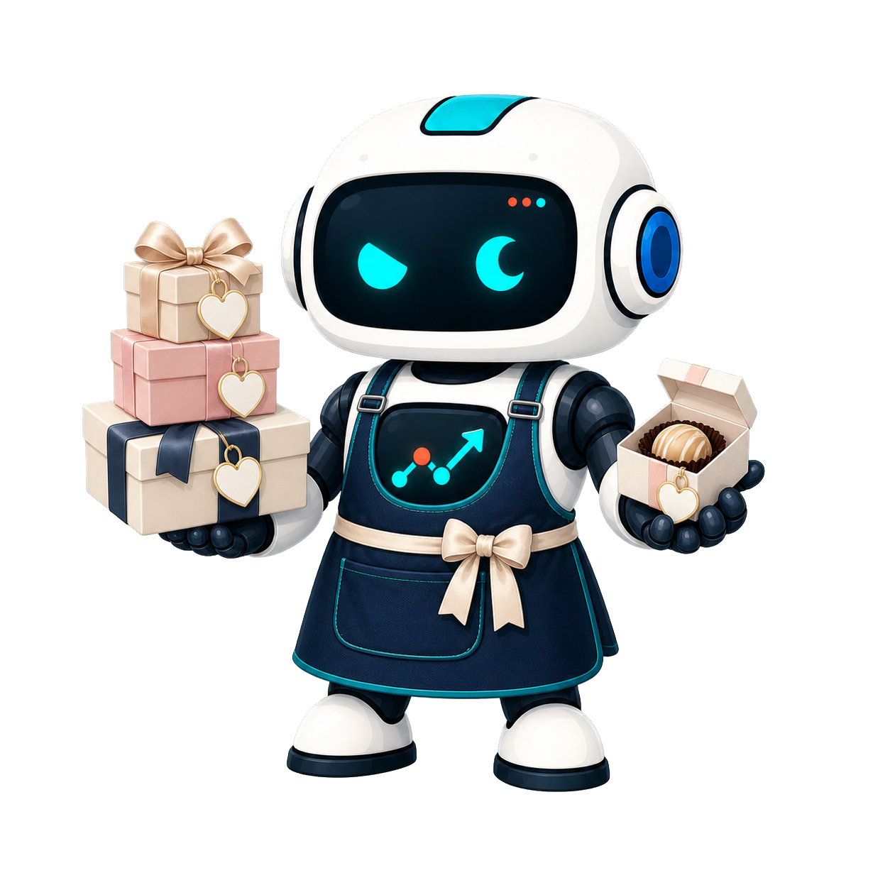 Geo, the This Is GEO robot, presenting elegant personalized wedding favor boxes with ribbons