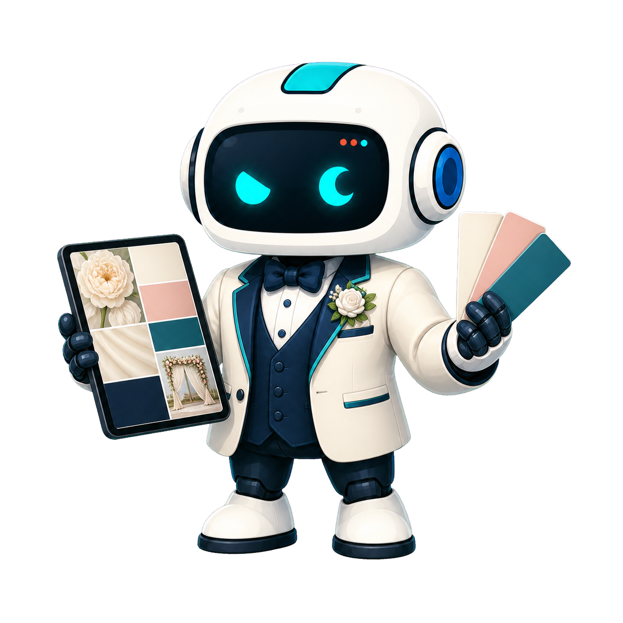 Geo, the This Is GEO robot, working as a wedding planner with a tablet and design swatches